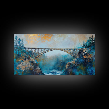 Stahlbrücke, Landschaftsmalerei, Berglandschaft, Panoramabild, gerahmter Leinwanddruck, Wandbild in Blau und Grün