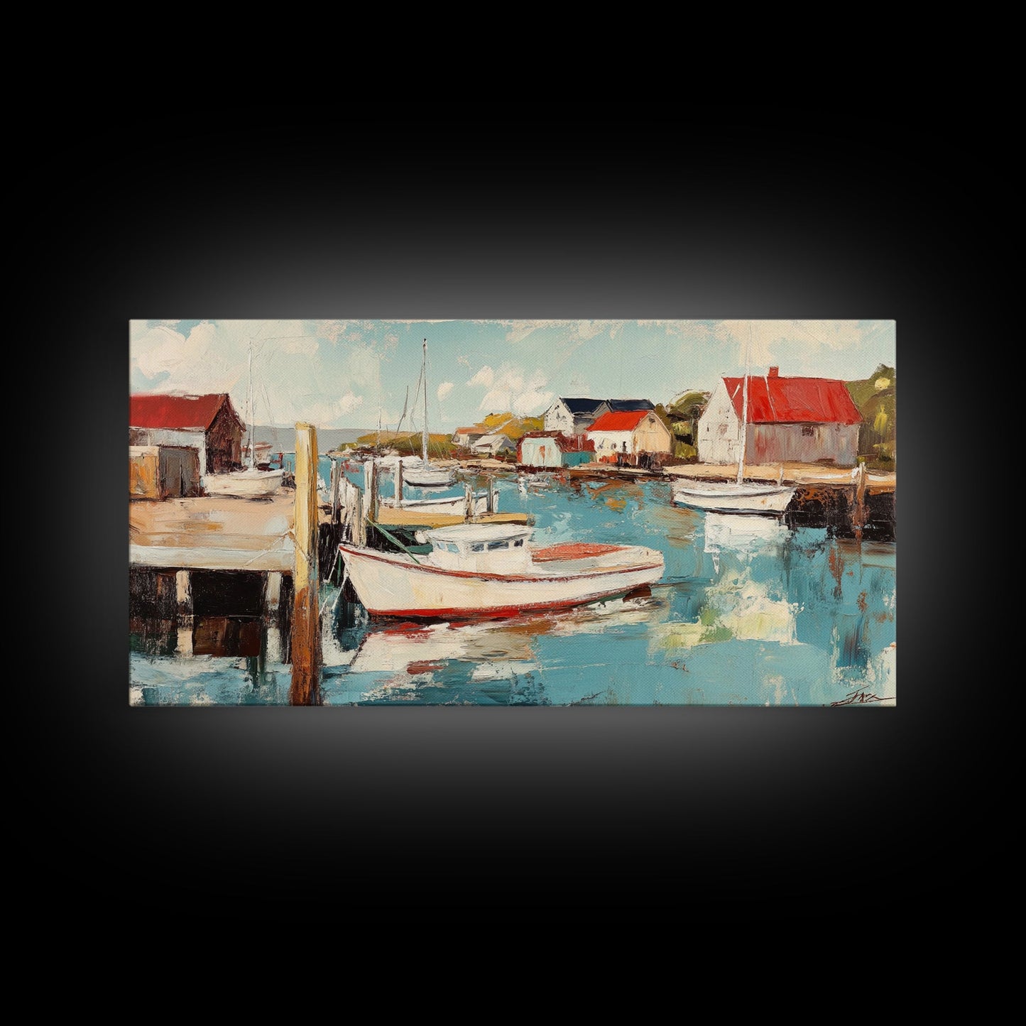 Hafenboote, Gemälde von Nantucket, Küstenmalerei, maritime Wandkunst, Fischergemälde, gerahmter Leinwanddruck, extra breites Kunstwerk