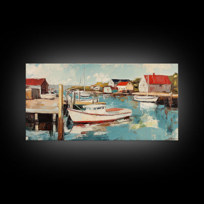 Hafenboote, Gemälde von Nantucket, Küstenmalerei, maritime Wandkunst, Fischergemälde, gerahmter Leinwanddruck, extra breites Kunstwerk