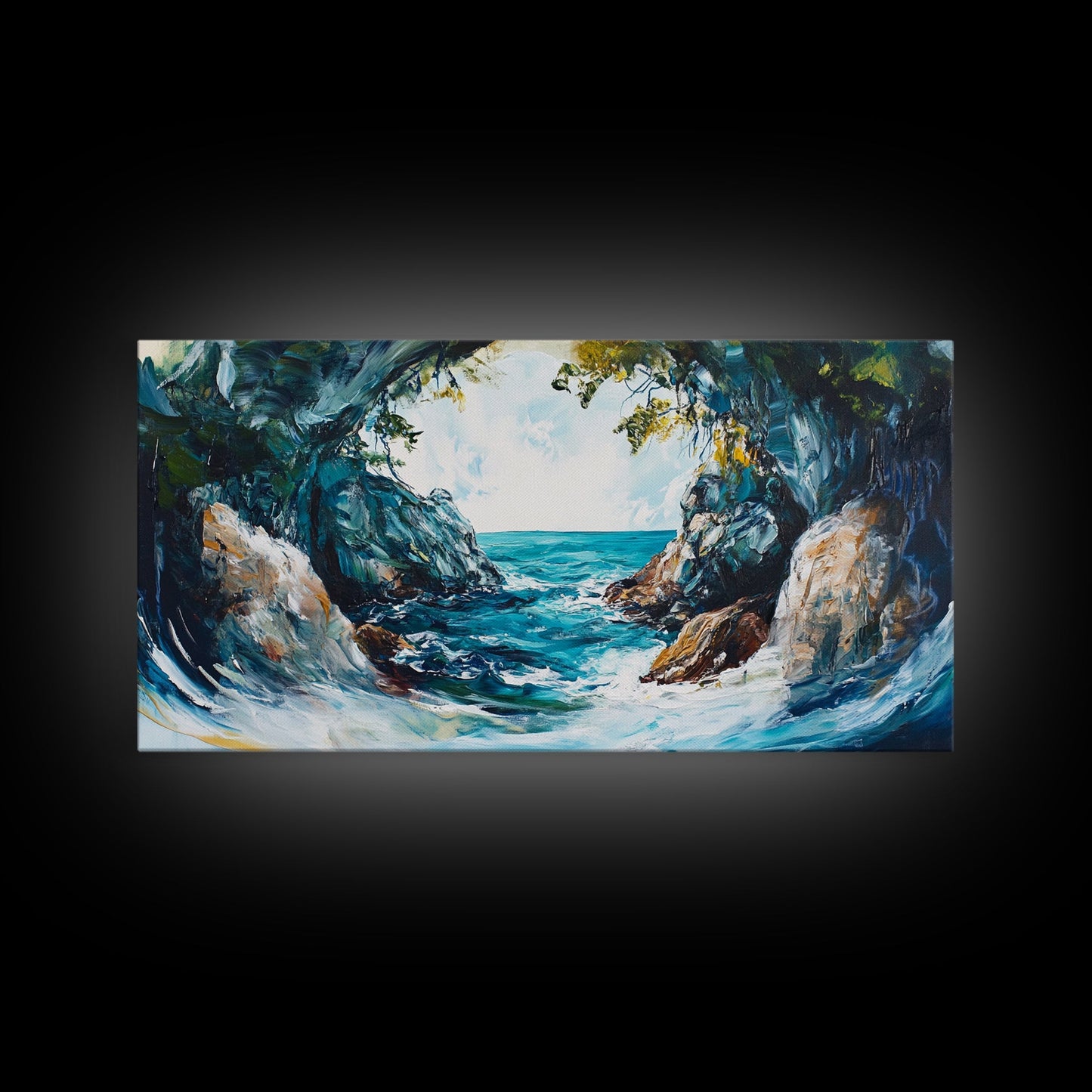 Ocean Cave, coastal landscape art, seascape painting, blue and green wall art, framed canvas print, extra wide art, beach painting