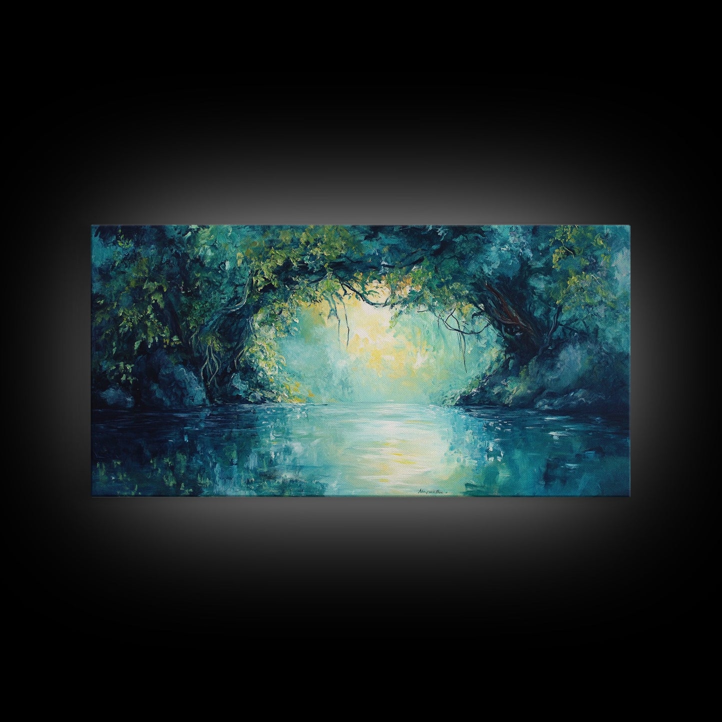 Mystischer Fluss, gerahmter Leinwanddruck, Landschaftsmalerei, stimmungsvolle Kunst, Wald in der Abenddämmerung, türkisfarbenes Wandbild, extra breites Bild