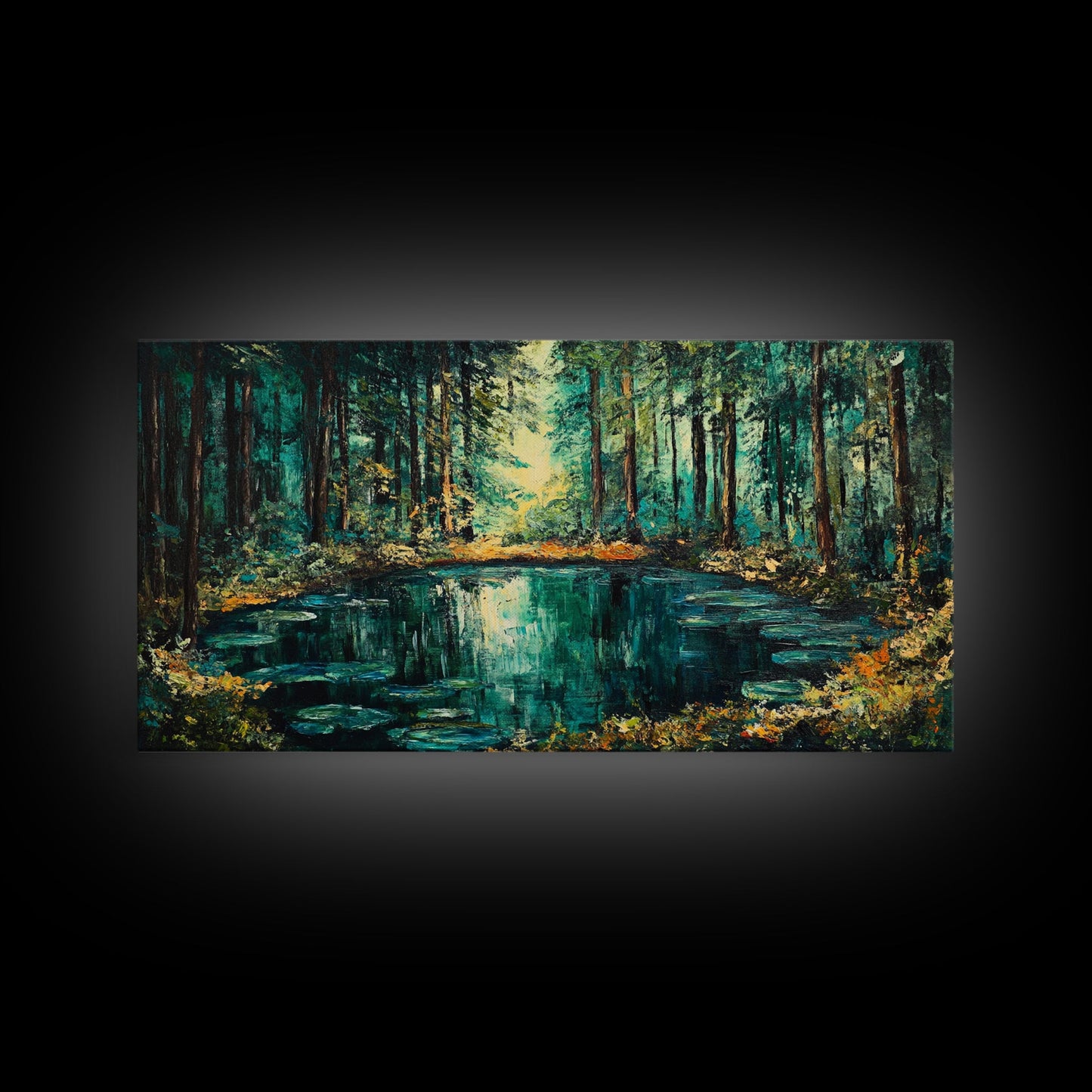 Verzauberter Waldteich, Leinwanddruck, Landschaftsmalerei, Kiefernkunst, Wald in der Abenddämmerung, Kunst vom Lake Tahoe, extra breites Kunstwerk