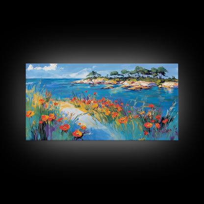 Coastal Poppies, Framed Canvas Print, California poppy art, coastal painting, wildflower painting, seascape art, above bed wall art