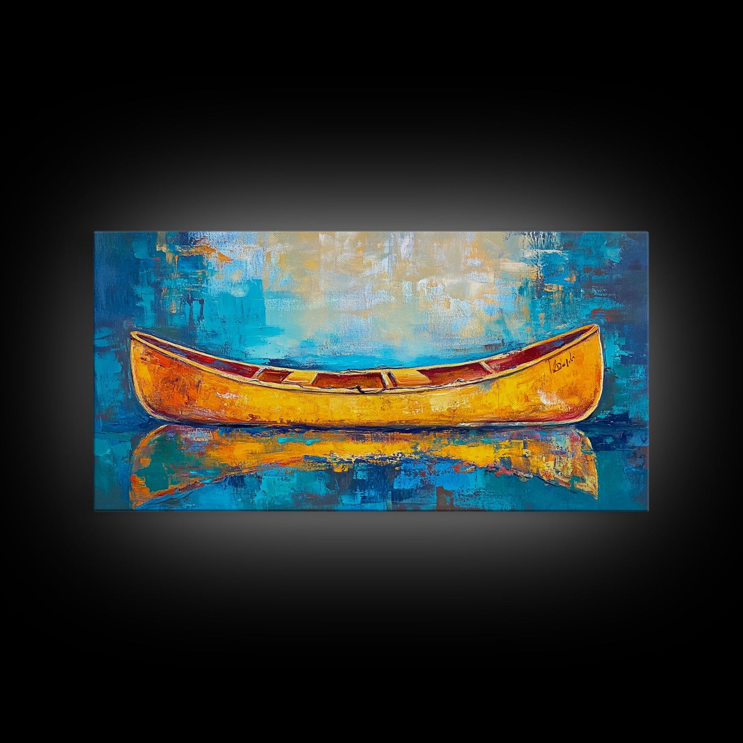 Golden Canoe, Framed Canvas Print, fisherman painting, lake Tahoe art, rustic decor, nautical decor, extra wide art, landscape painting