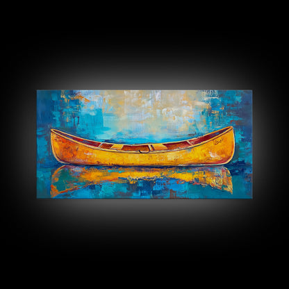 Golden Canoe, Framed Canvas Print, fisherman painting, lake Tahoe art, rustic decor, nautical decor, extra wide art, landscape painting