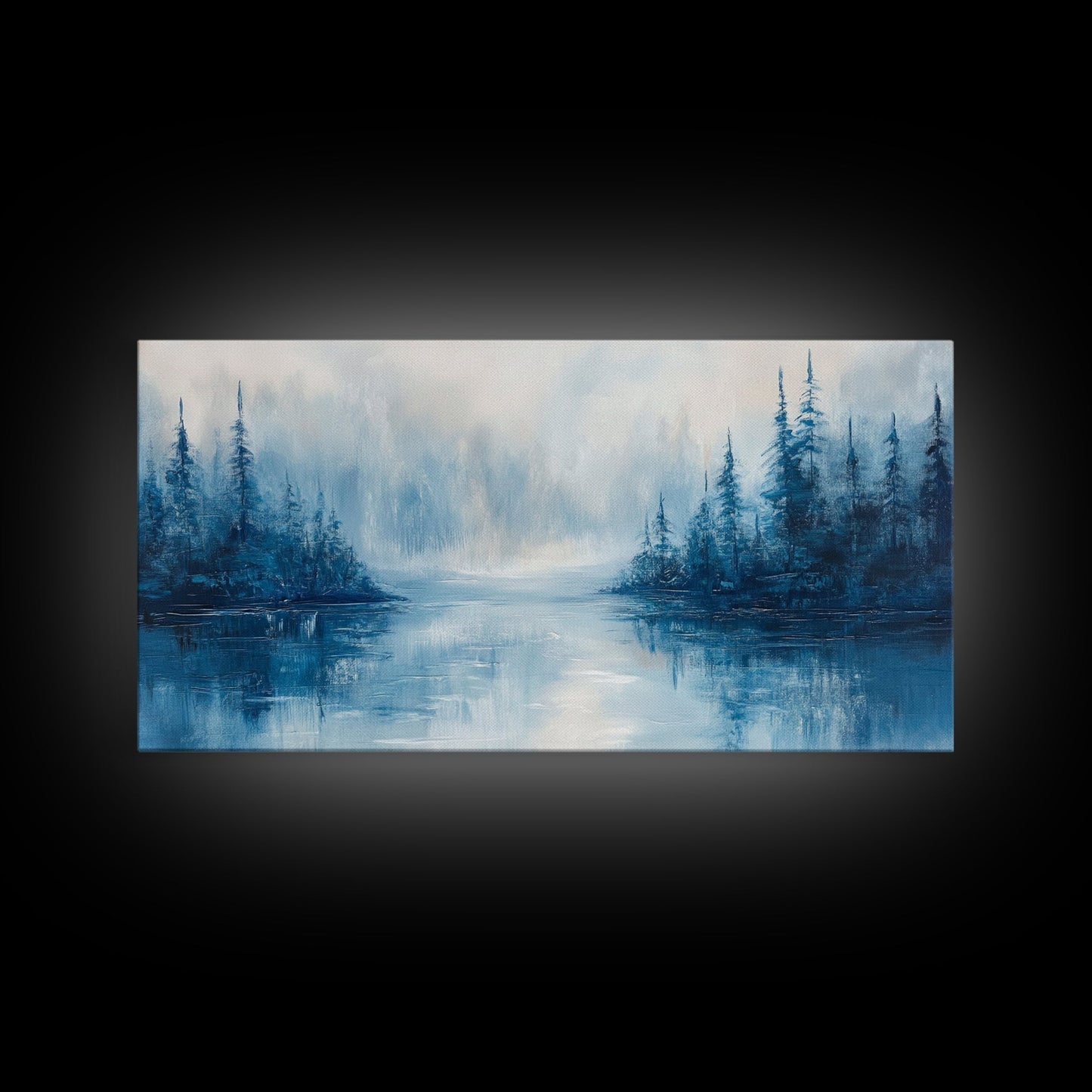 Neblige Seelandschaft, Stimmungsvolle Kunst, Kiefernlandschaft, Landschaftsgemälde, Gerahmter Leinwanddruck, Schlafzimmerkunst, Wandbild über dem Bett