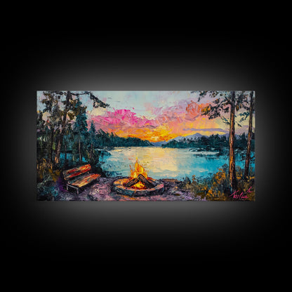 Campfire by Lake, Mountain Painting, Landscape Art, Moody Art, Framed Canvas Print, Above Sofa Art, Wabi Sabi Art, Rustic Decor