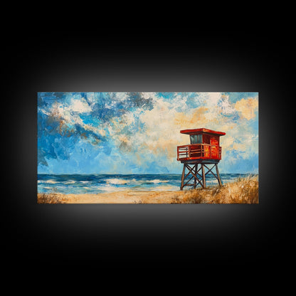 Lifeguard Tower, coastal landscape art, beach painting, seascape painting, nautical wall art, canvas print, horizontal wall art