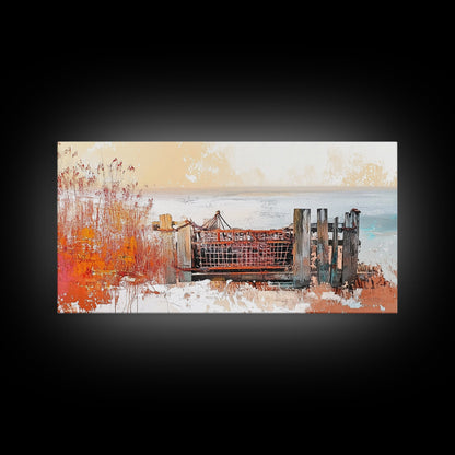 Rustic Dock, coastal decor, rustic art, farmhouse art, seascape painting, nautical painting, framed canvas print, extra wide art