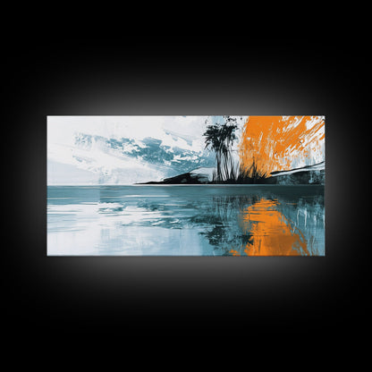 Palm Reflection, tropical coastal art, framed canvas print, coastal cowgirl wall art, panoramic painting, modern abstract art