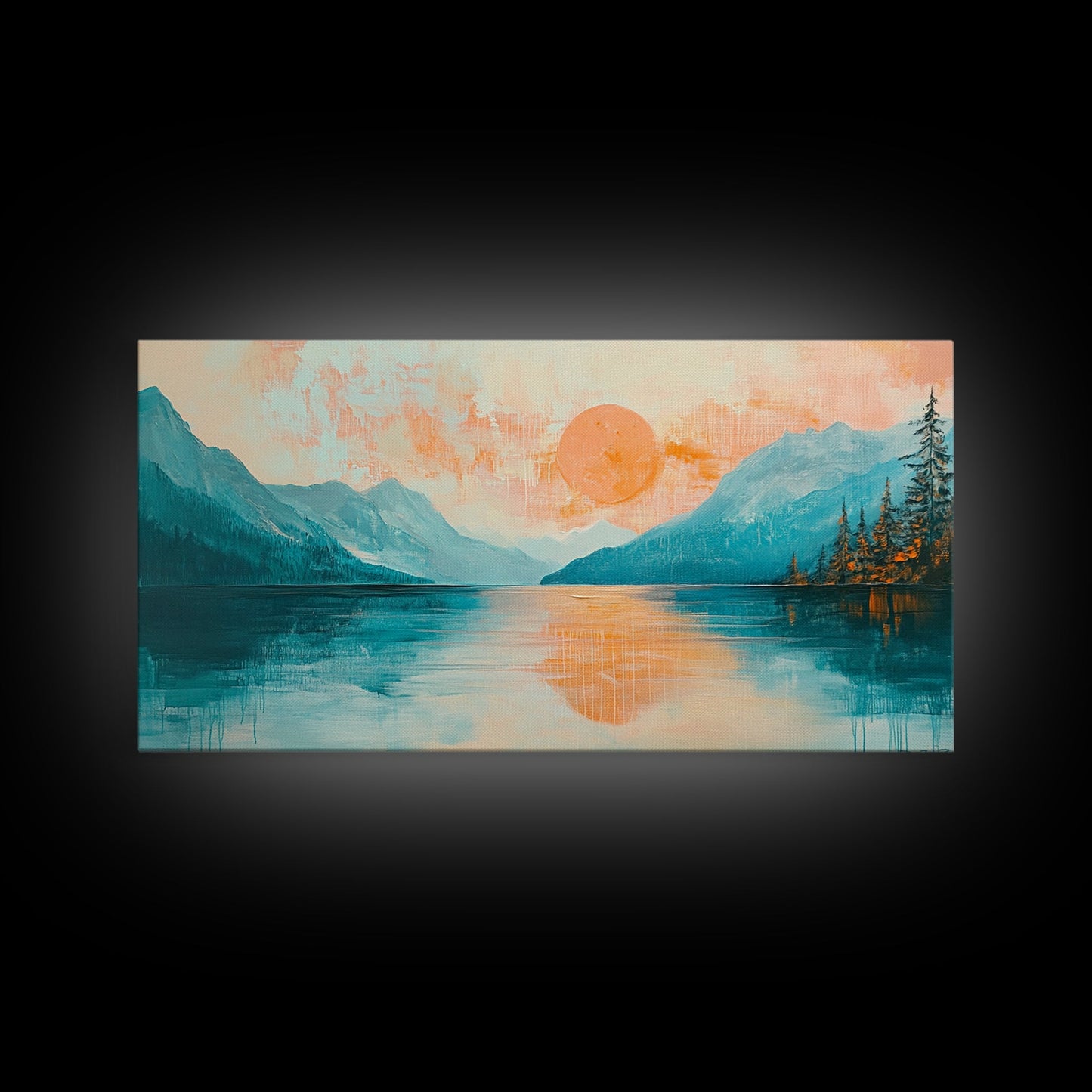 Sunset Lake, Kunst vom Lake Tahoe, gerahmter Leinwanddruck, rosa-orange Wandbild, horizontales Wandbild, Seestück, Küstendeko
