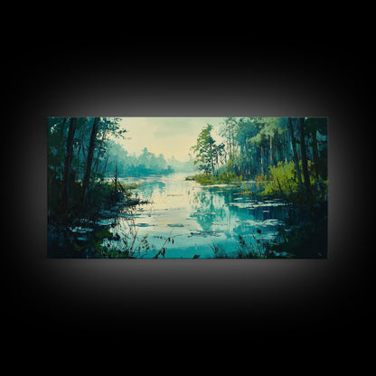 Tranquil lake, misty trees, landscape painting, extra wide art, wabi sabi art, minimalist art, framed canvas print, above couch art