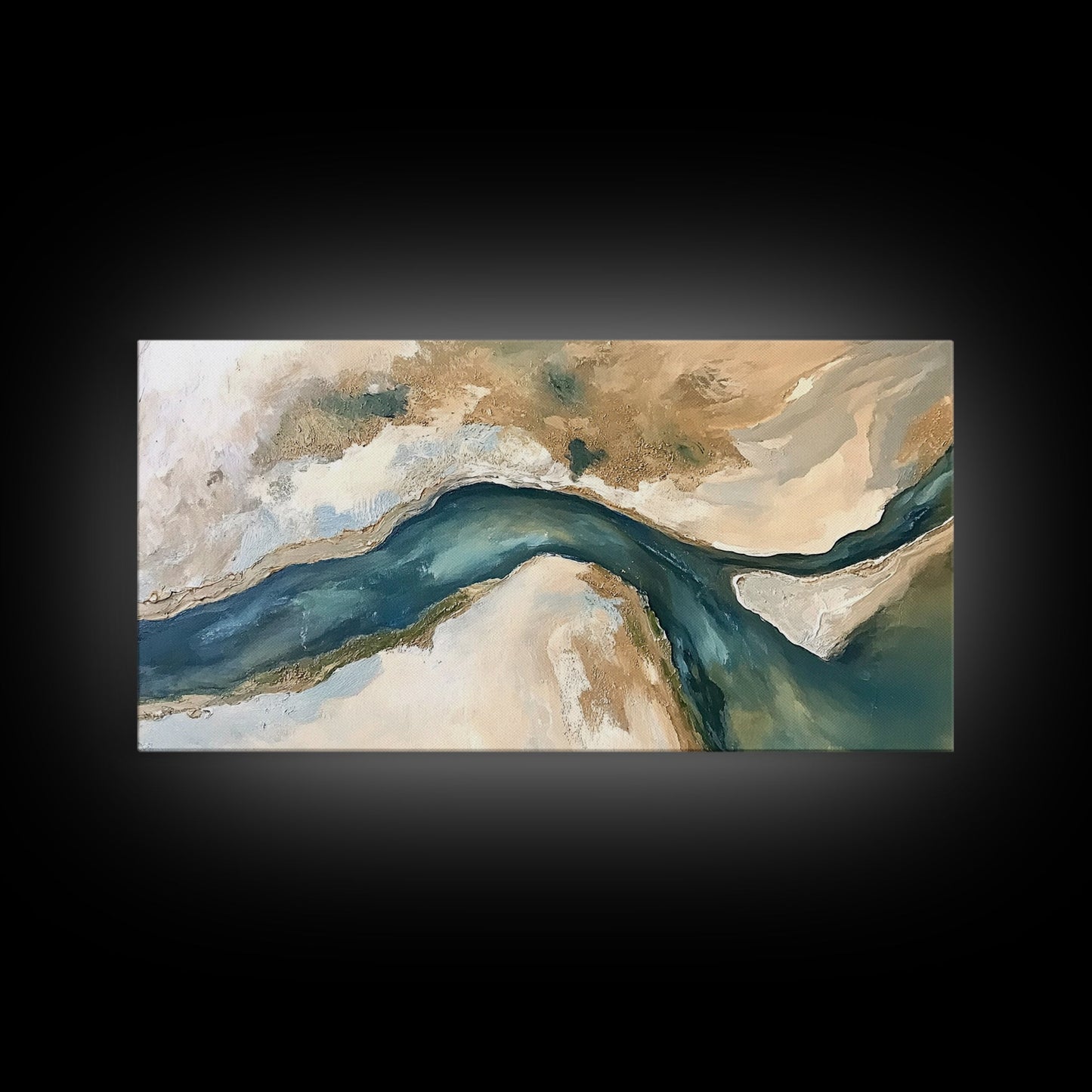 Abstrakter Fluss, neutrale Landschaft, Panoramabild, Leinwanddruck, Wabi-Sabi-Kunst, rustikale Wandkunst, Wandbild für über dem Bett, minimalistische Kunst