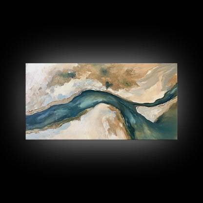 Abstrakter Fluss, neutrale Landschaft, Panoramabild, Leinwanddruck, Wabi-Sabi-Kunst, rustikale Wandkunst, Wandbild für über dem Bett, minimalistische Kunst