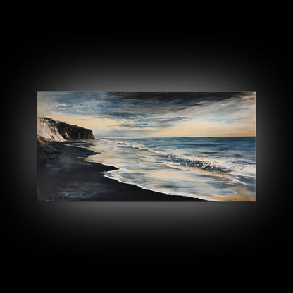 Moody beach, dark ocean, seascape painting, panoramic art, extra wide art, nautical painting, framed canvas print, above sofa art