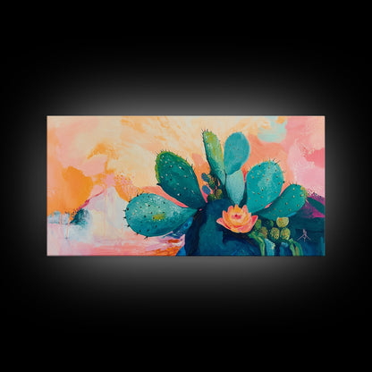 Prickly Pear Cactus, agave painting, southwest wall art, boho art, pink orange wall art, extra wide art, Framed Canvas Print
