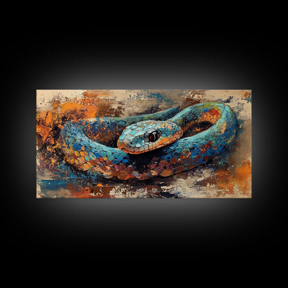 Blue Snake, abstract animal art, framed canvas print, moody art, wildlife painting, bold colors, rustic decor, modern wall art