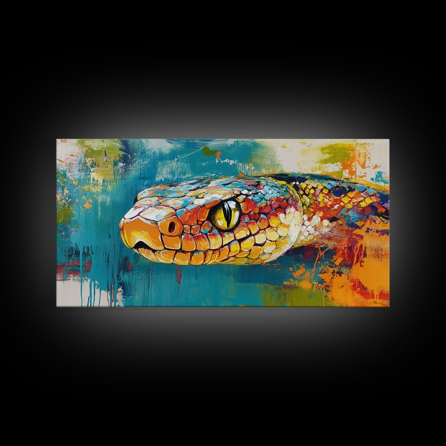 Colorful Snake, wildlife painting, framed canvas print, reptile wall art, bold abstract art, extra wide art, rustic decor