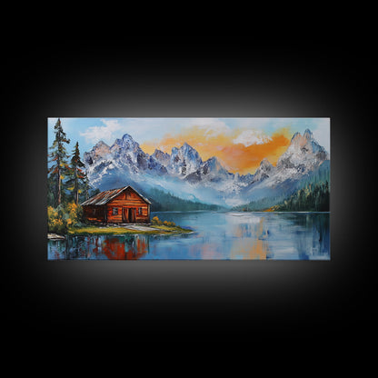 Mountain Cabin, Rustic Art, Lake Tahoe Art, Above Sofa Art, Landscape Painting, Bedroom Art, Framed Canvas Print, Farmhouse Art