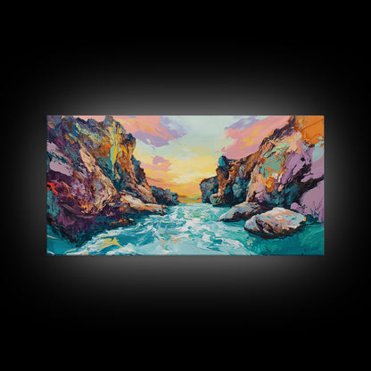 Sonnenuntergang in einer Küstenschlucht, Panoramagemälde, extra breites Kunstwerk, gerahmter Leinwanddruck, Seestück, Wandbild aus dem Südwesten