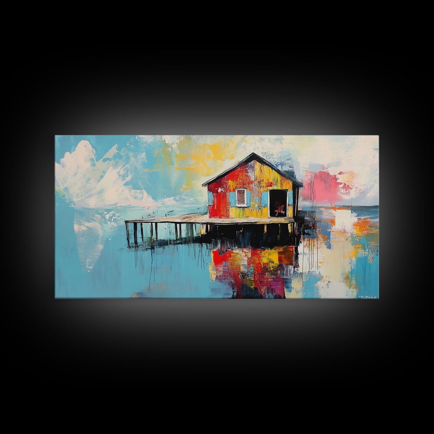 Colorful boathouse, lake reflection, coastal decor, seascape painting, nautical wall art, framed canvas print, extra wide art, gift idea