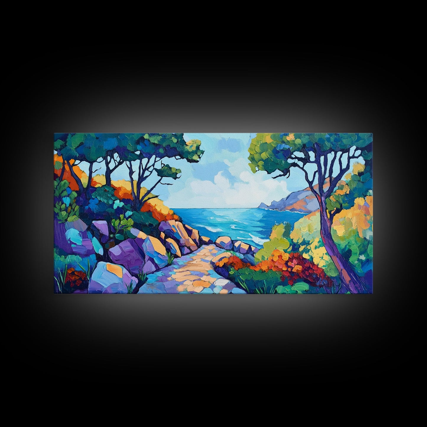 Coastal Pathway, bold colors, impressionist seascape, ocean view, vibrant painting, coastal wall art, Canvas Print, beach decor