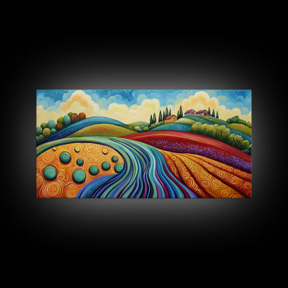 Whimsical Hills, rolling landscape, colorful fields, abstract nature, bold painting, extra wide art, Framed Canvas Print, rustic art