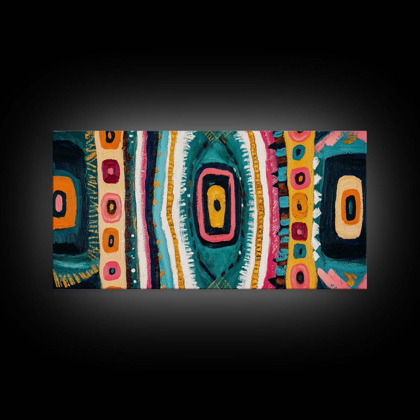 Geometric Abstract, bold colors, sacred geometry art, tribal design, vibrant patterns, extra wide art, Framed Canvas Print, boho art