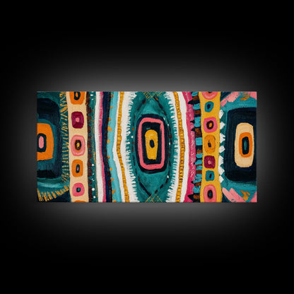 Geometric Abstract, bold colors, sacred geometry art, tribal design, vibrant patterns, extra wide art, Framed Canvas Print, boho art