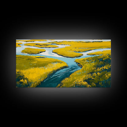 Marshland Landscape, marsh painting, landscape painting, above sofa art, extra wide art, panoramic art, Framed Canvas Print