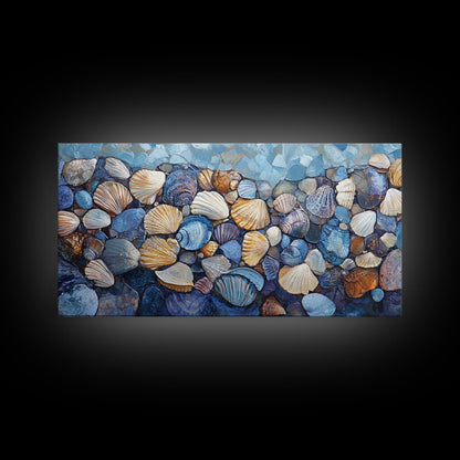 Seashell Beach Art, coastal wall art, oyster shell painting, blue and green wall art, framed canvas print, extra wide art