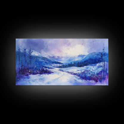 Snowy Mountain Art, Winter Landscape, Framed Canvas Print, Above Couch Art, Panoramic Painting, Mountain Painting