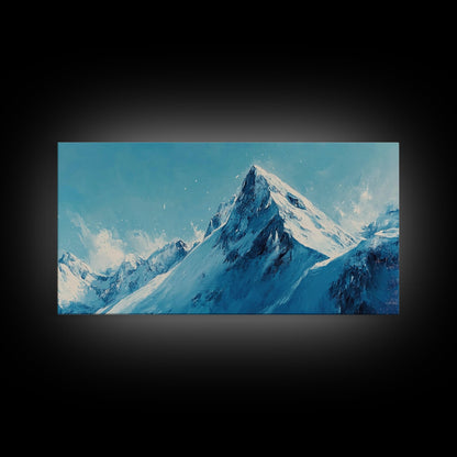 Berglandschaft-Malerei, Blau-Weiß-Kunst, Schneebedeckte Gipfel, Gerahmter Leinwanddruck, Rustikale Dekoration, Minimalistische Kunst, Extra breites Kunstwerk