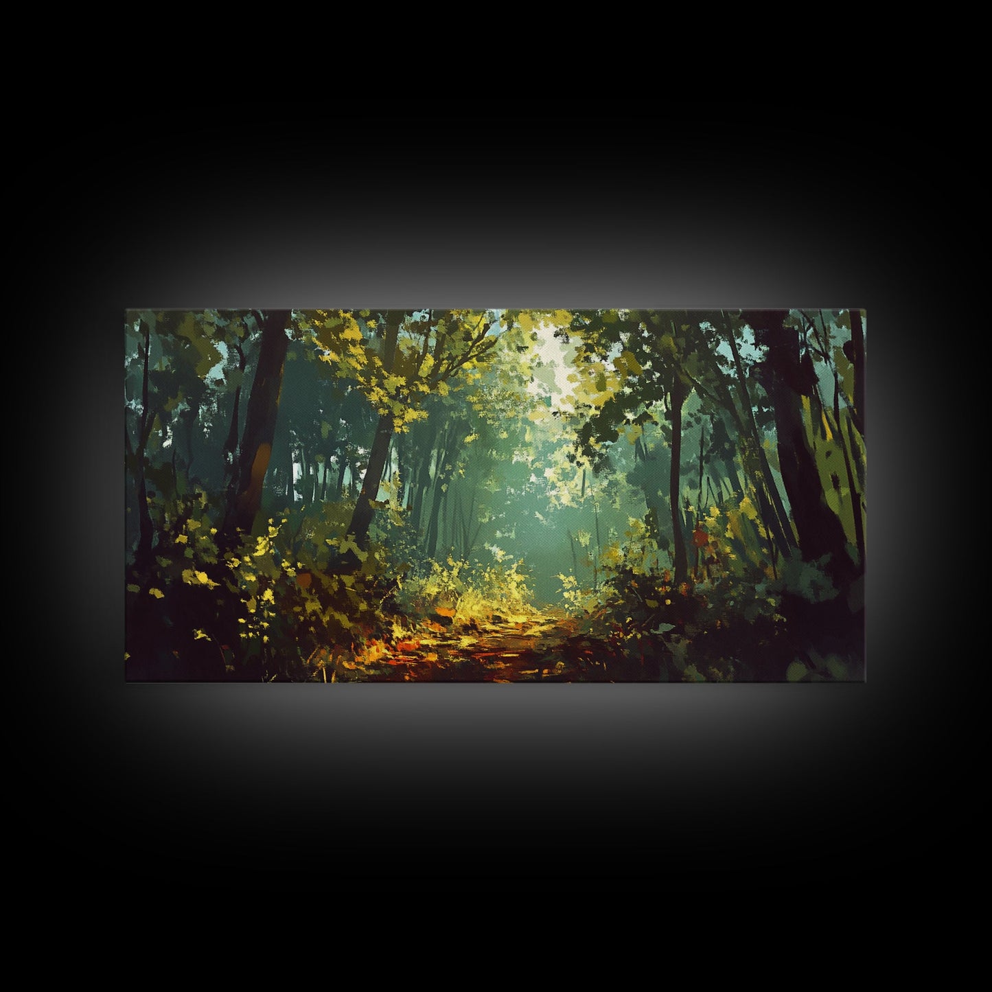 Forest Path, Sunlit Trees, Green Wall Art, Nature Landscape, Panoramic Painting, Rustic Wall Art, Framed Canvas Print