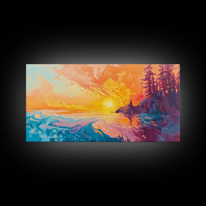 Feuriger Sonnenuntergang, Stimmungsvolle Kunst, Kunst vom Lake Tahoe, Farbenfrohe Landschaft, Wandkunst aus dem Südwesten, Panoramagemälde, Gerahmter Leinwanddruck, Naturkunst