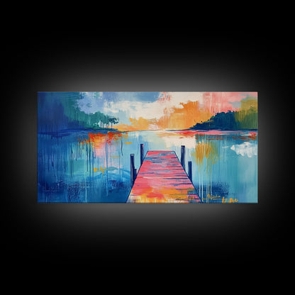Lake Dock, sunset painting, nautical decor, coastal landscape art, wabi sabi art, extra wide art, rustic decor, Framed Canvas Print