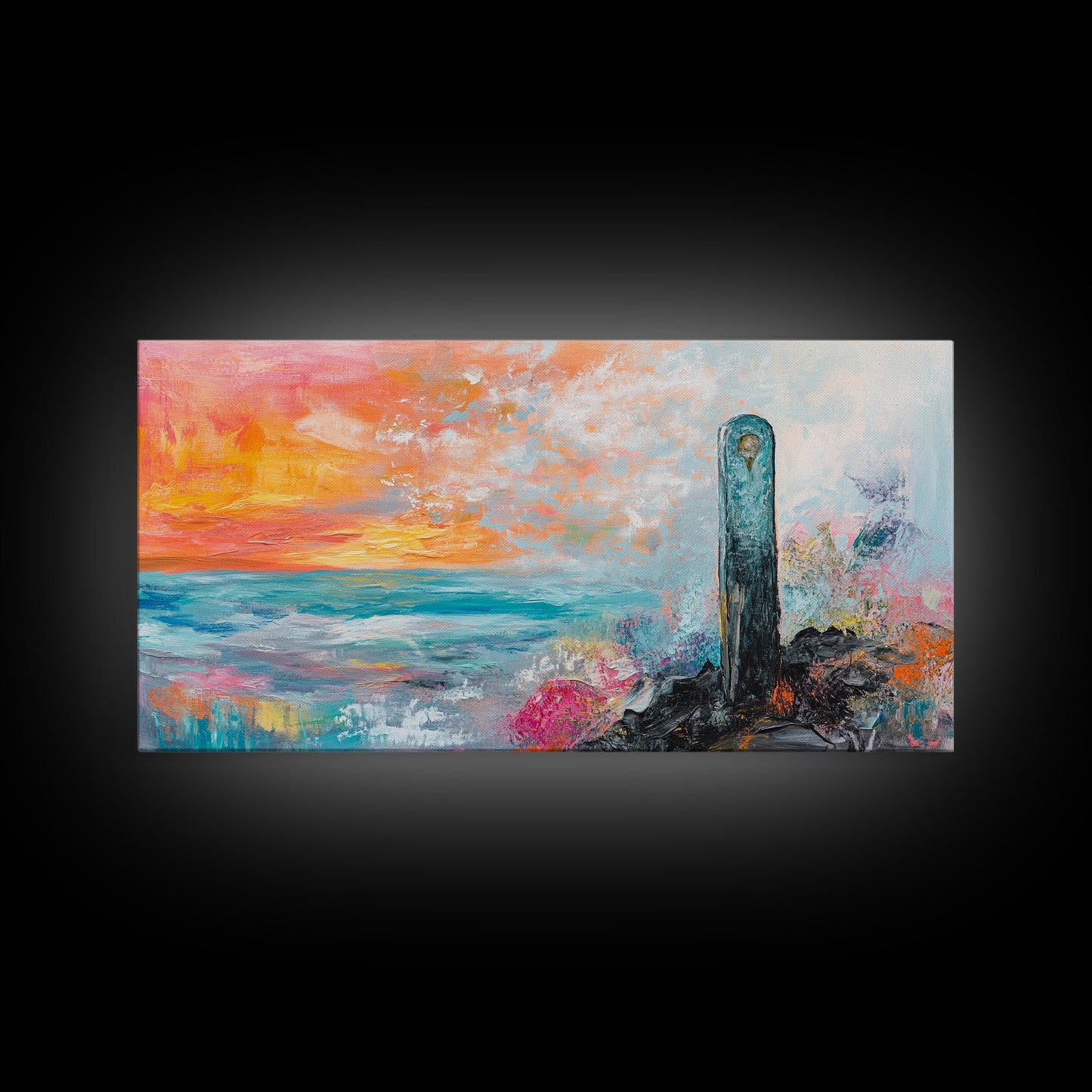 Sunset Over Ocean, pink orange wall art, coastal wall art, abstract seascape, vibrant landscape painting, Framed Canvas Print