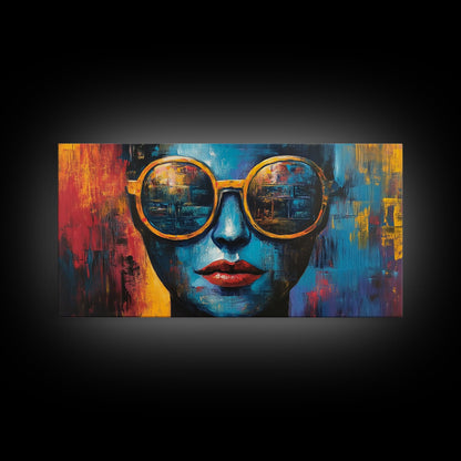 Bold Sunglasses Portrait, graffiti wall art, moody art, chicano art, abstract portrait, pop art decor, gift idea her, Canvas Print