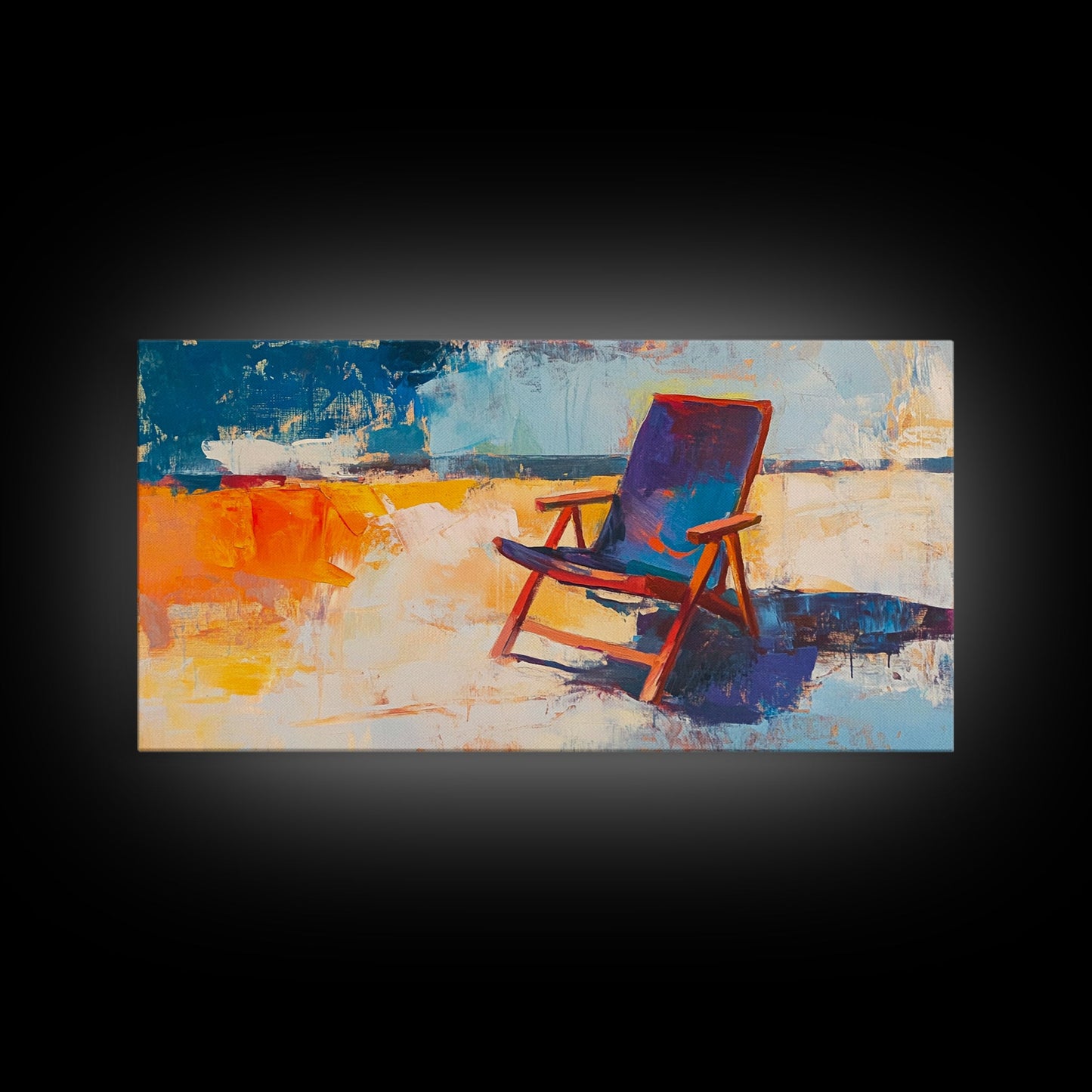 Beach Chair Art, coastal decor, surf wall art, framed canvas print, blue and green wall art, whimsical art, tropical painting