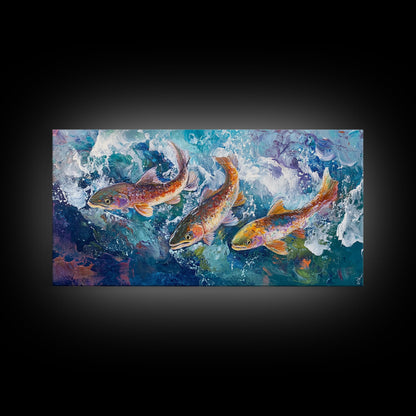 Koi-Fisch-Gemälde, gerahmter Leinwanddruck, Kunst zum Fliegenfischen, Forellenkunst, extra breites Gemälde, farbenfrohes Fischgemälde, Panoramabild