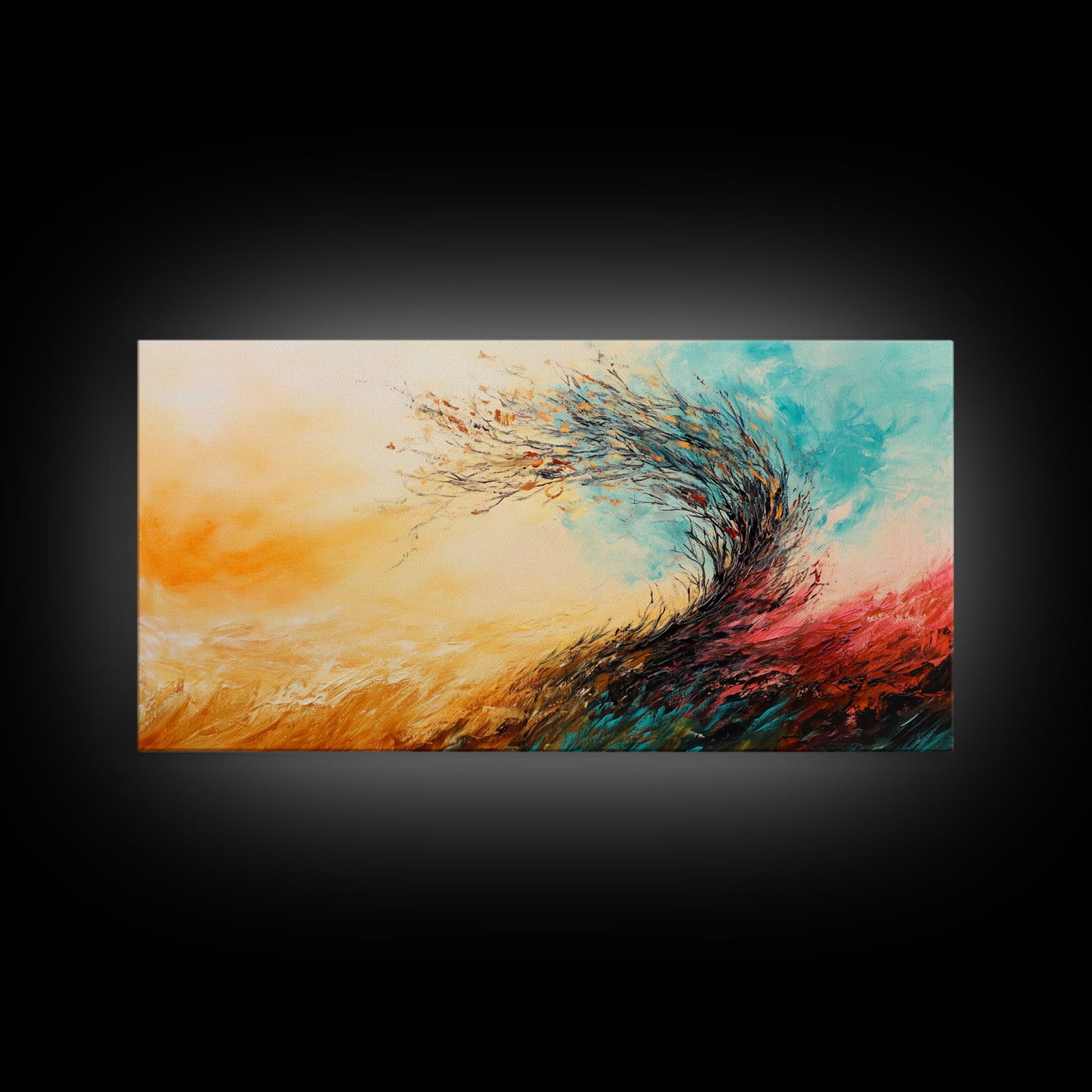 Windiger Herbst, gerahmter Leinwanddruck, Herbstwandbild, abstrakte Landschaft, extra breites Gemälde, Panoramabild, Herbstdekoration