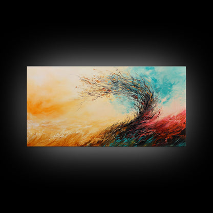 Windiger Herbst, gerahmter Leinwanddruck, Herbstwandbild, abstrakte Landschaft, extra breites Gemälde, Panoramabild, Herbstdekoration