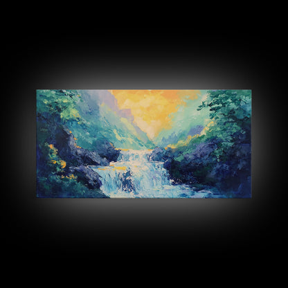 Waterfall Painting, Canvas Print, mountain painting, extra wide painting, nature landscape art, panoramic art, bedroom wall art
