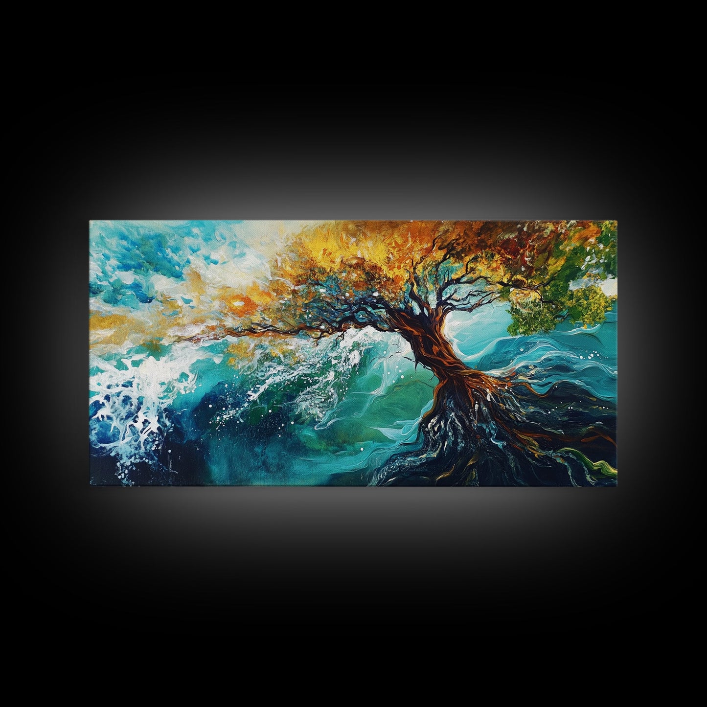 Tree in Waves, Canvas Print, coastal landscape art, wabi sabi art, extra wide painting, ocean painting, panoramic wall art