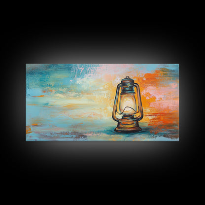 Lantern painting, rustic decor, farmhouse art, boho art, wabi sabi art, warm glow, extra wide art, framed canvas print, moody art