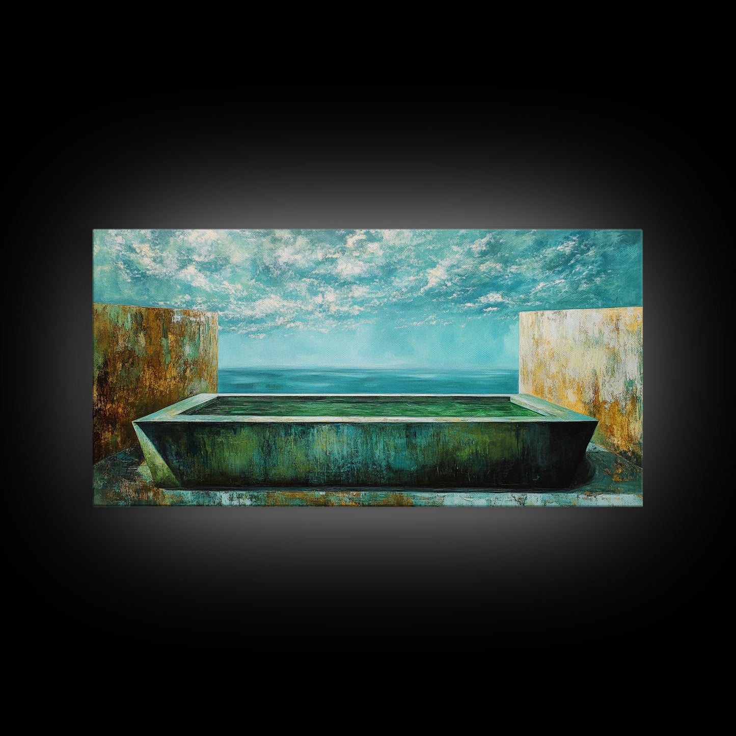 Infinity-Pool, Leinwanddruck, moderne Landschaftskunst, minimalistisches Dekor, extra breites Gemälde, blau-grüne Wandkunst, zeitgenössische Kunst