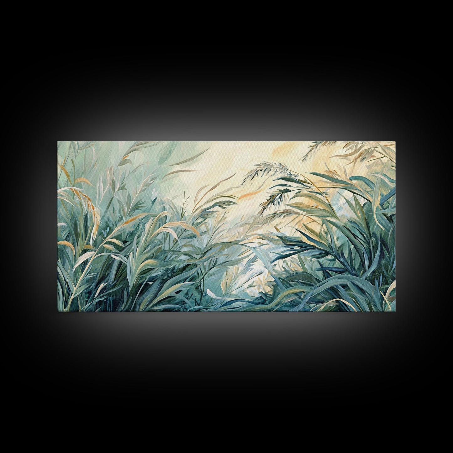 Green grass, warm light, Canvas Print, wabi sabi wall art, sage green wall art, botanical prints, extra wide art, minimalist art