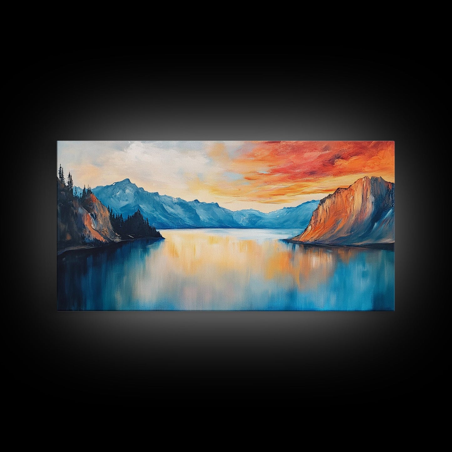 Mountain Lake Painting, Landscape Art, Lake Tahoe Art, Smoky Mountain Art, Rustic Decor, Sunset Wall Art, Extra Wide Art, Framed Canvas Print