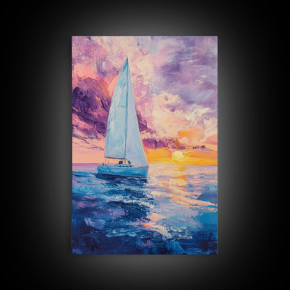 Sailboat Painting, Ocean Sunset Art, Nautical Wall Art, Coastal Landscape, Romantic Seascape, Living Room Art, Canvas Print