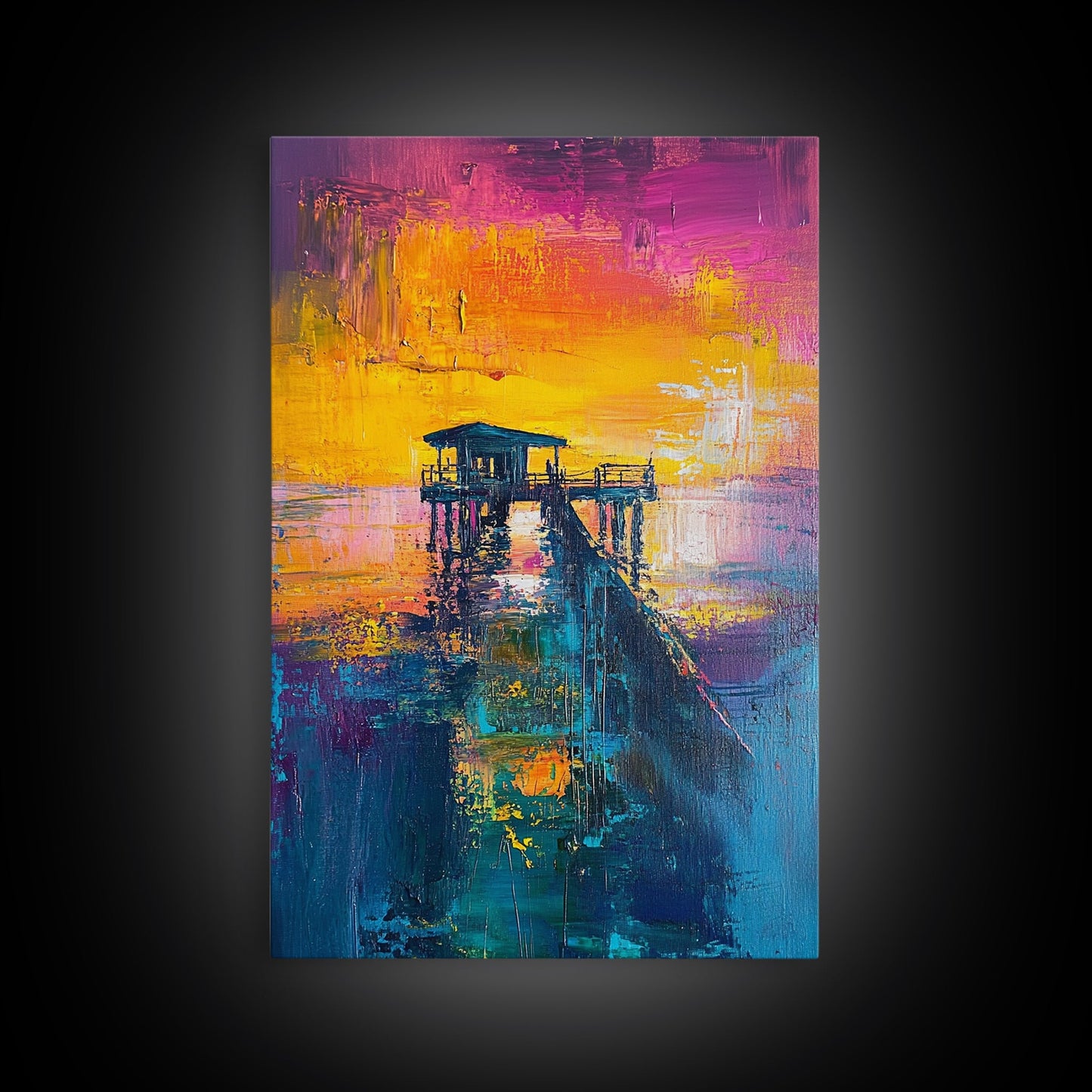 Sunset Pier Painting, Coastal Landscape Art, Vibrant Seascape, Nautical Wall Art, Bold Color Decor, Framed Canvas Print